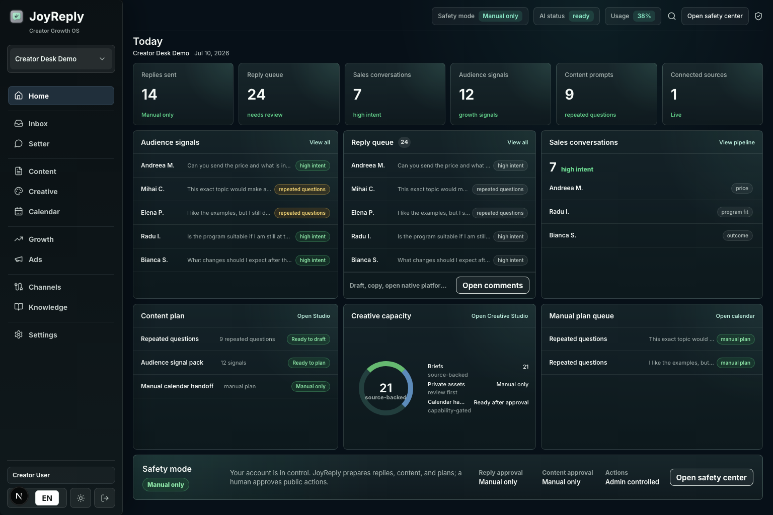 JoyReply command center in a sanitized demo workspace