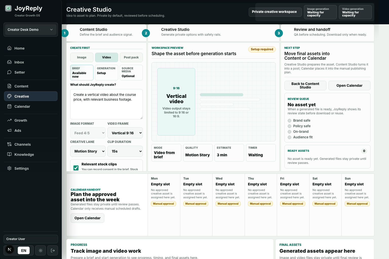 JoyReply Creative Studio and Calendar in a sanitized demo workspace