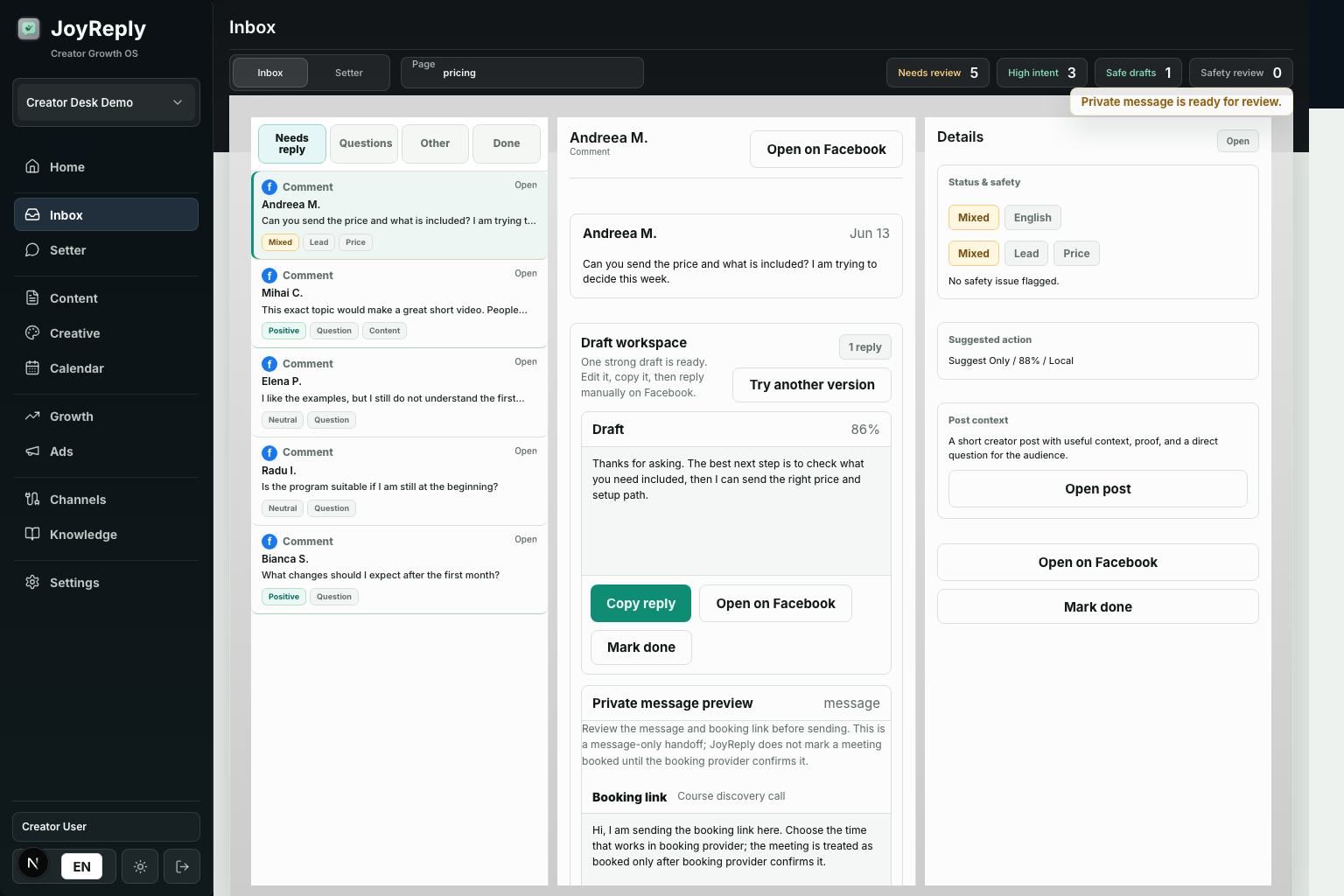 JoyReply Inbox and conversation workspace in a sanitized demo