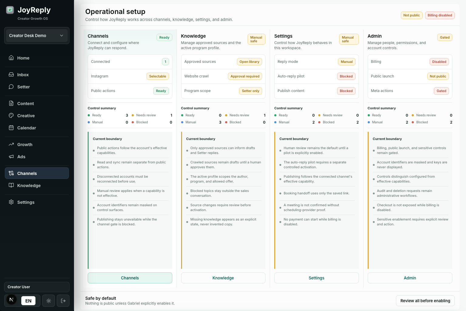 JoyReply operational setup in a sanitized demo workspace
