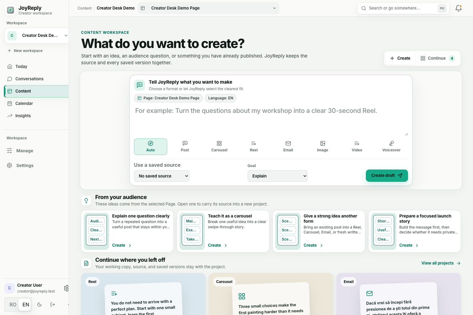JoyReply Content workspace with a prompt-first composer and practical creation starters