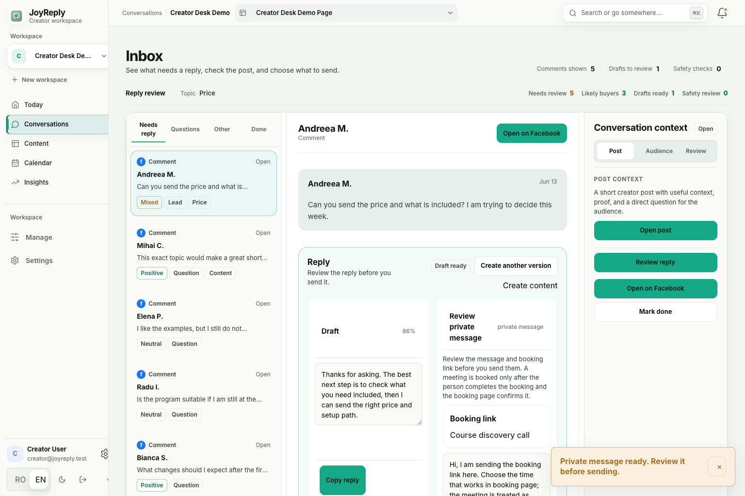 JoyReply Conversations with a comment, its post context, and a reply ready for review