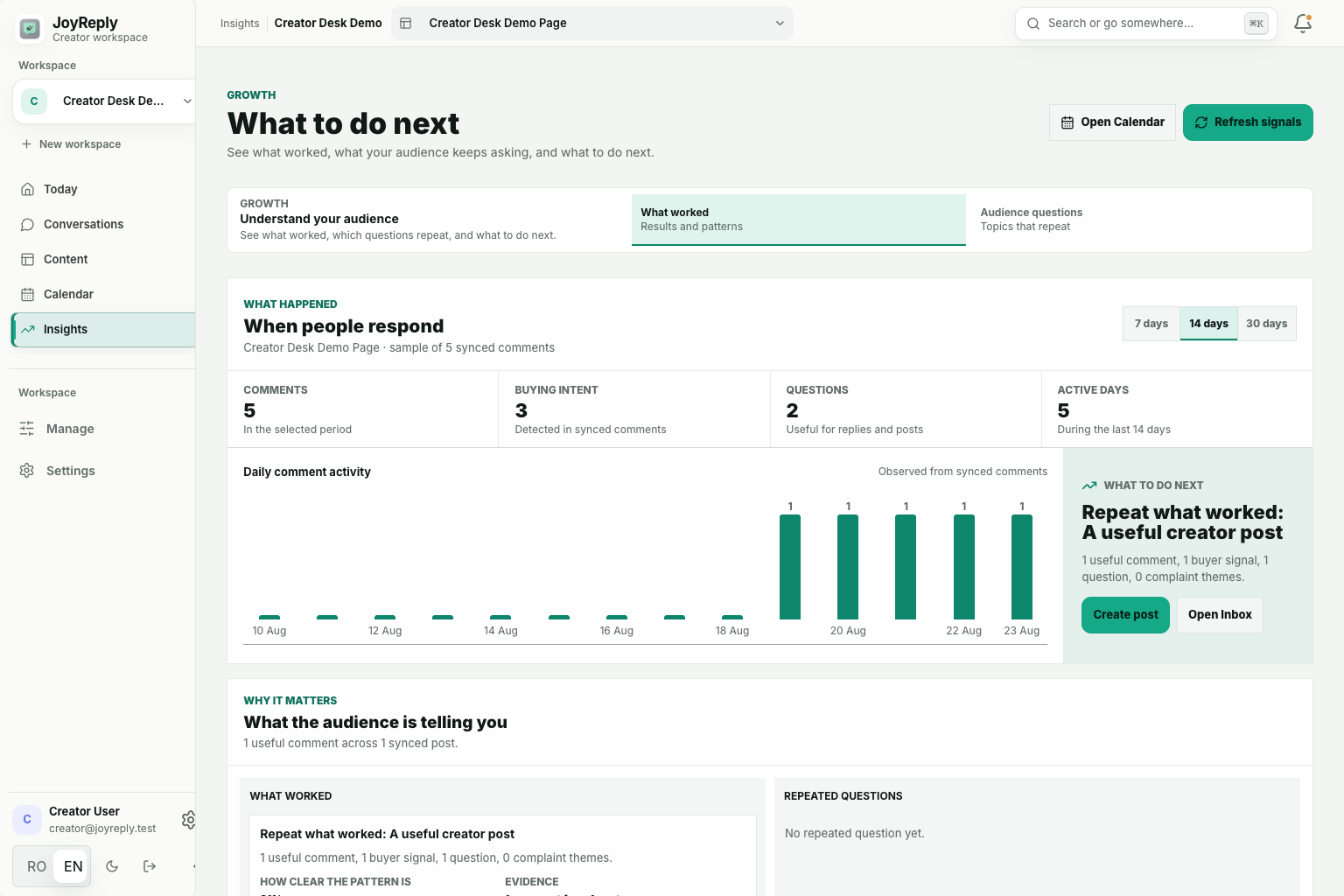 JoyReply Insights showing what happened, why it matters, and what to do next