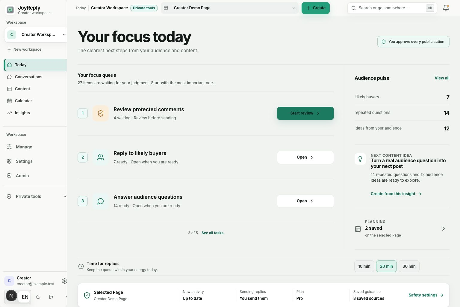 JoyReply Today workspace with a focused queue, audience signals, and the next suggested action