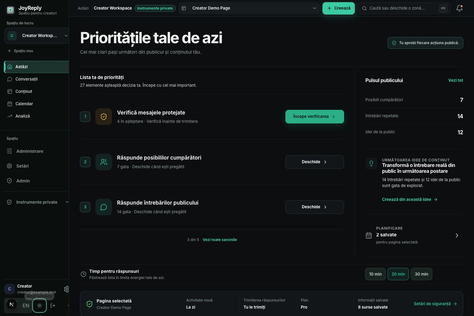 Spațiul Astăzi din JoyReply, cu lista de priorități, semnale din public și următorul pas sugerat