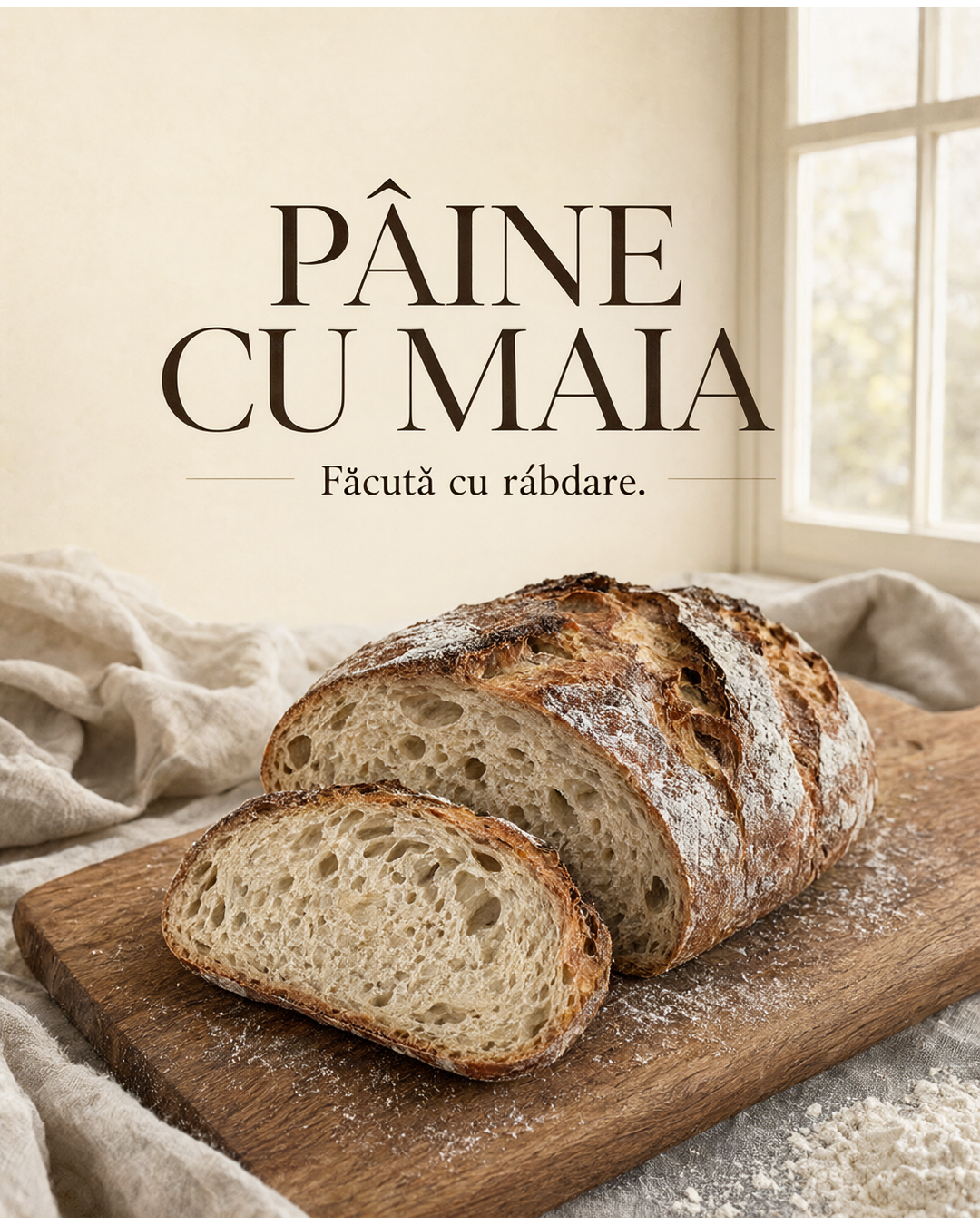 Poster pentru o brutărie fictivă, cu text generat în română.