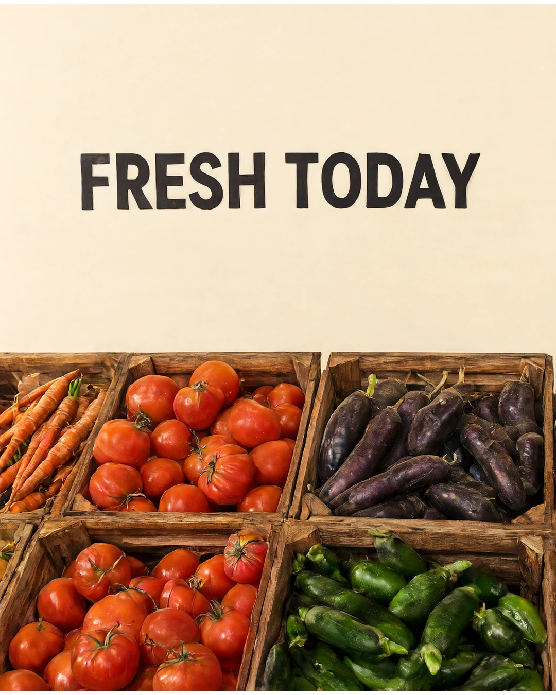 A market poster with wooden crates of vegetables and the headline FRESH TODAY.